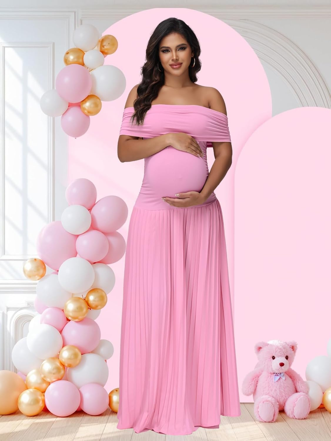 Justvh Women'S Maternity off Shoulder Baby Shower Dress Party Paneled Ruched Hem Maxi Photography Gown for Photoshoot image number 3