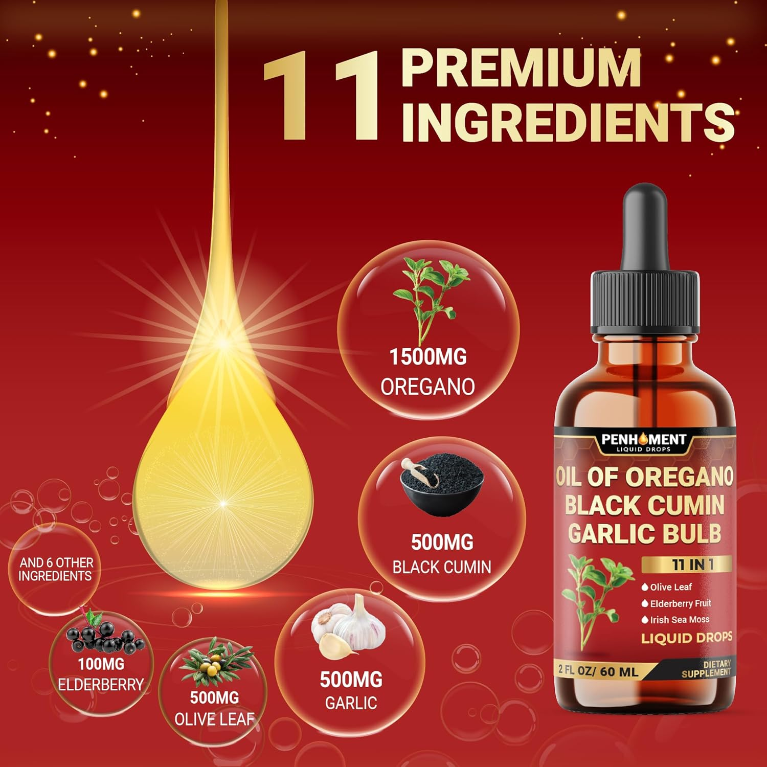 PENHOMENT 11In1 Organic Oregano Oil Drops with Black Seed Liquid, Garlic, Vitamin D3 & K2, Olive Leaf, Elderberry, Sea Moss, Ashwagandha & Ginger - Immune Support - 2 Fl Oz - 60 Days