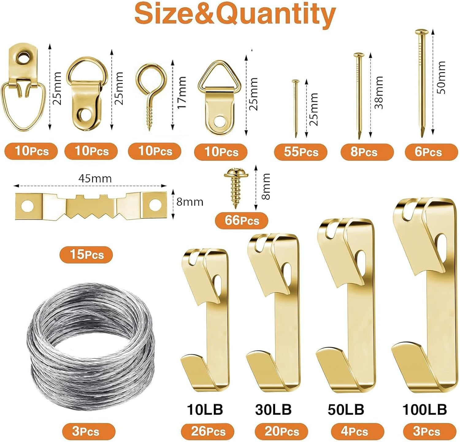 Nlvnmv 246 Pcs Picture Hanging Kit with Hooks, Wire, Nails, Eye Screws, Sawtooth Hangers, Hardware Tool for Frame and Canvas Mounting (Gold)