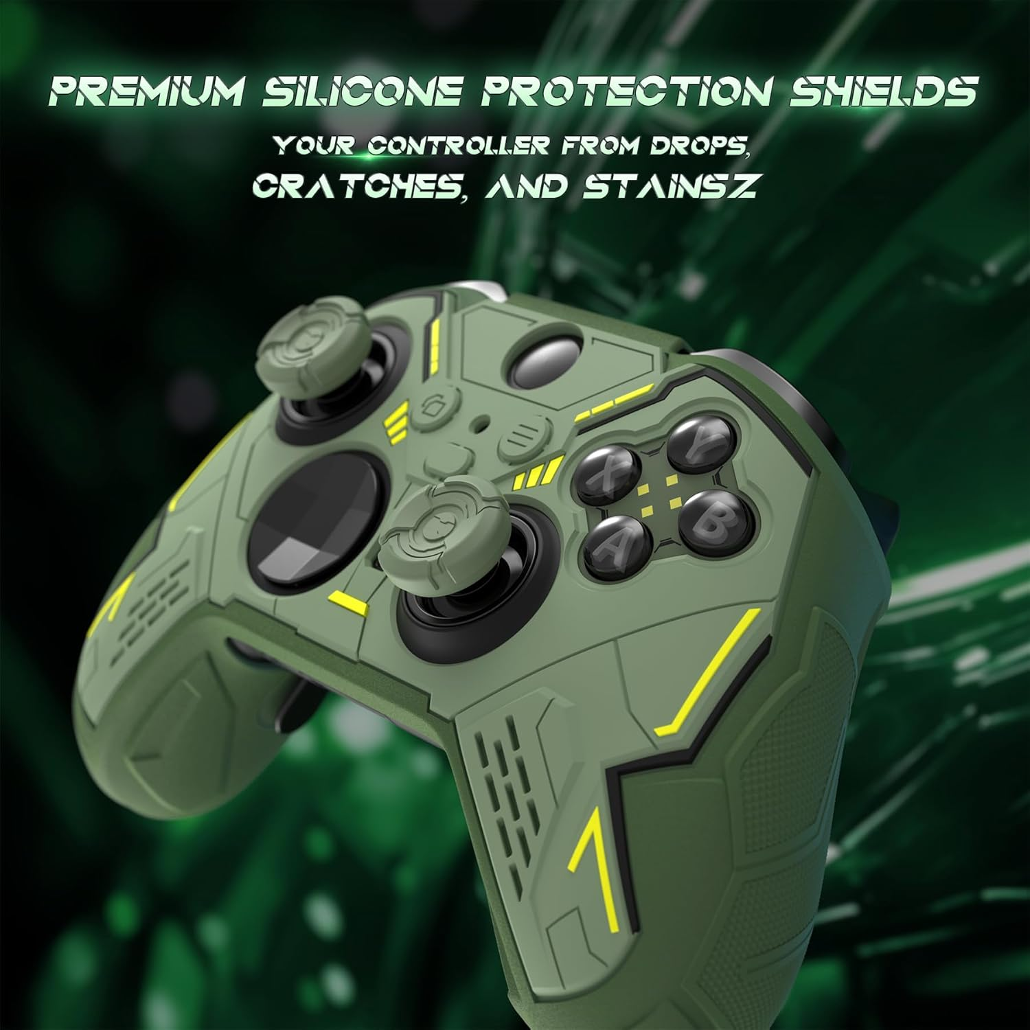 Playvital Stellar Mecha Silicone Cover Skin for Xbox Elite Series 2 & Elite Series 2 Core, Non-Slip Grip Protector for Xbox Elite 2 with Thumb Grips & Stickers, Army Green & Racing Green