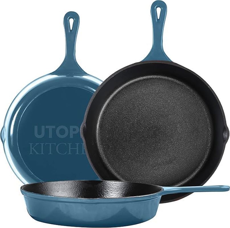 Utopia Kitchen Enameled Cast Iron Skillet Set 3-Piece - 6 Inch, 8 Inch and 10 Cookware Set- Pan for Outdoor Camping, Oven Use & Stovetop Teal UK0224 image number 4