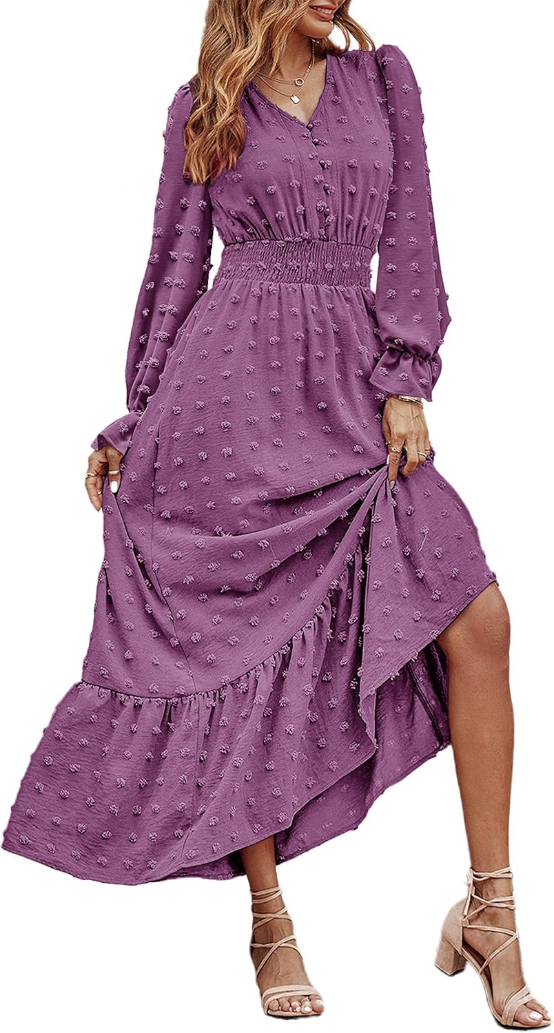 Women Nursing Boho Maxi Dress 2024 V Neck Swiss Dot Smocked High Waisted A-Line Ruffle Tiered Long Dress with Pockets