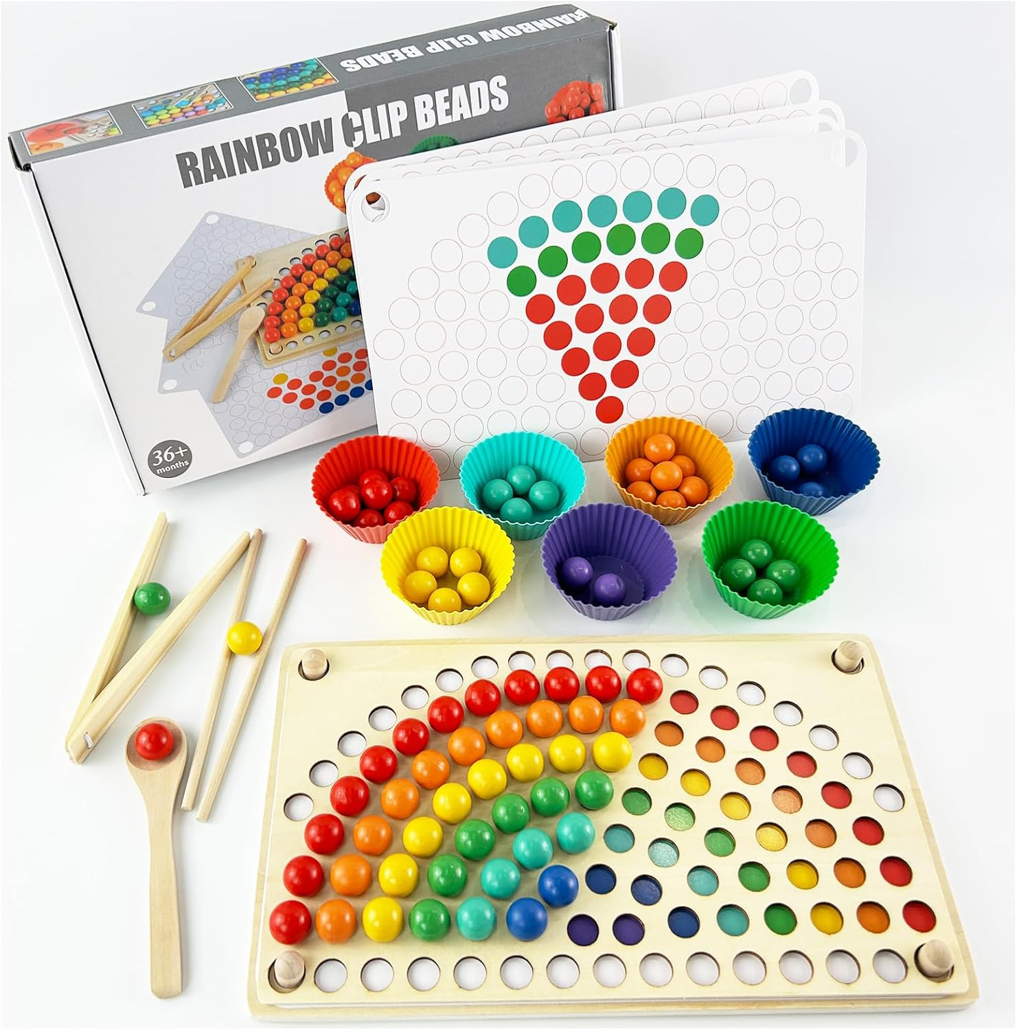 Montessori Toys 3 4 5 Year Old,Colour Sorting Game,Learning & Education Toy,Color Recognition,Chopsticks Clip Rainbow Beads Hands Brain Training, Fine Motor Skill Toys for Girls Boys