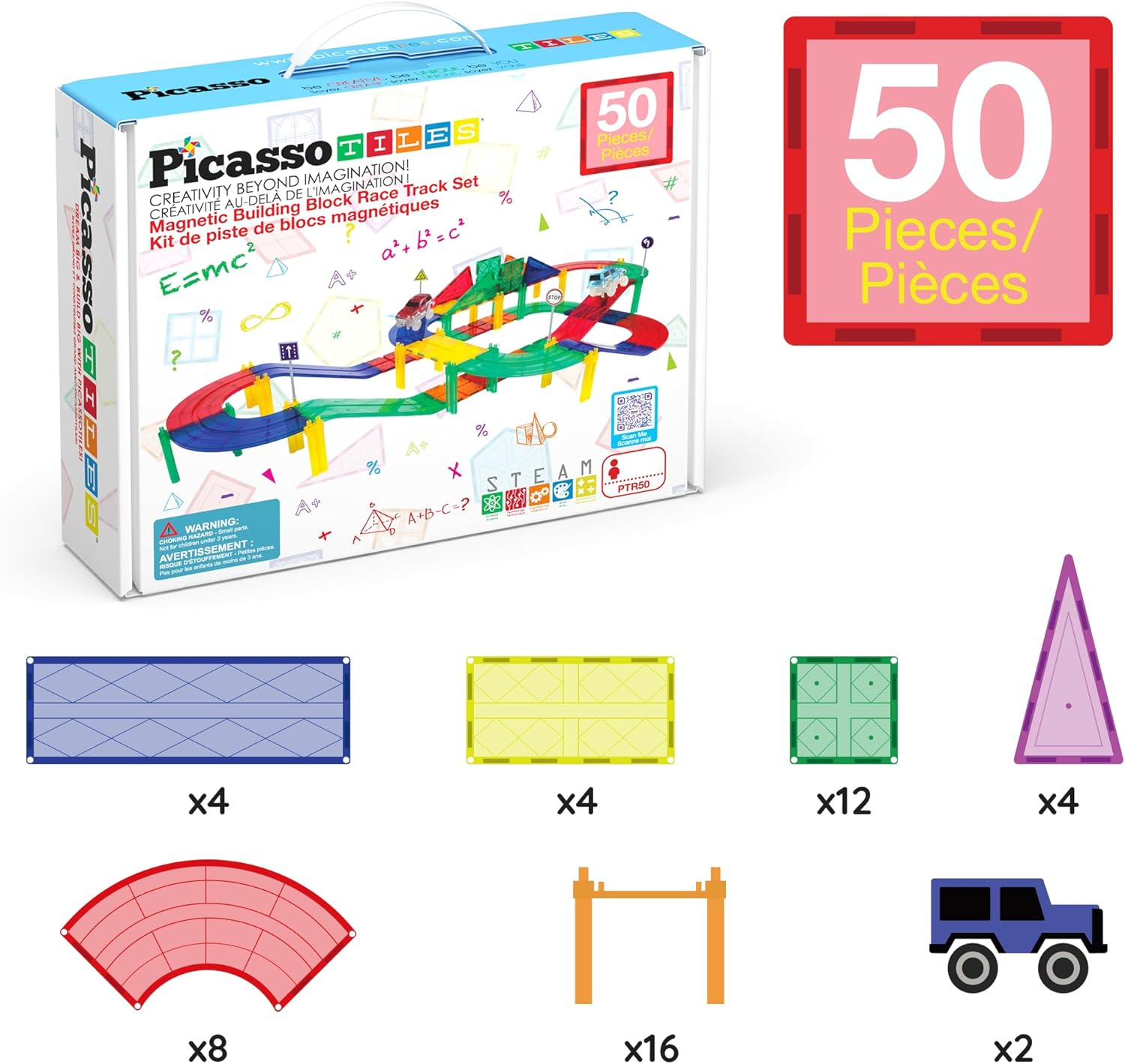 Picassotiles 50 Piece Race Car Track Building Block Educational Toy Set Magnetic Tiles Magnet DIY Playset 2 Light up Car STEM Learning Construction Kit Hand-Eye Coordination Fine Motor Skill Training image number 4