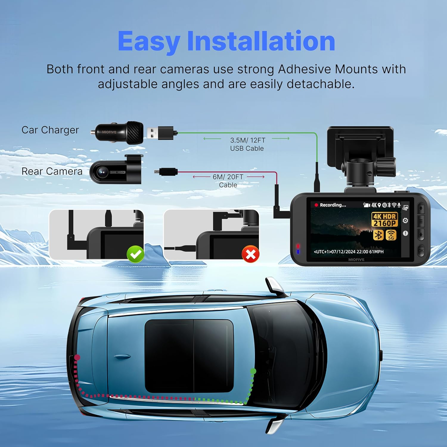 Miofive Dash Cam Front and Rear, 4K+2K Dash Cam for Car, 5G Wifi Bluetooth GPS Car Camera, 32GB SD Card Included, HDR, Loop Recording, Night Vision, 24H Parking Mode, App Control, Support 512GB Max image number 3
