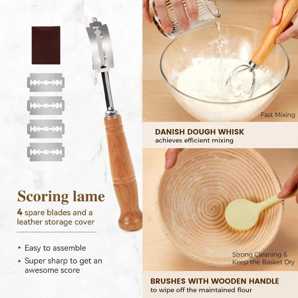 Banneton Basket Set, Complete Sourdough Baking Kit with 9'' round and 10'' Oval Proofing Bowls Bread Baskets, Sling, and Other Bread Making Supplies Tools - Sourdough Starter Kit image number 2