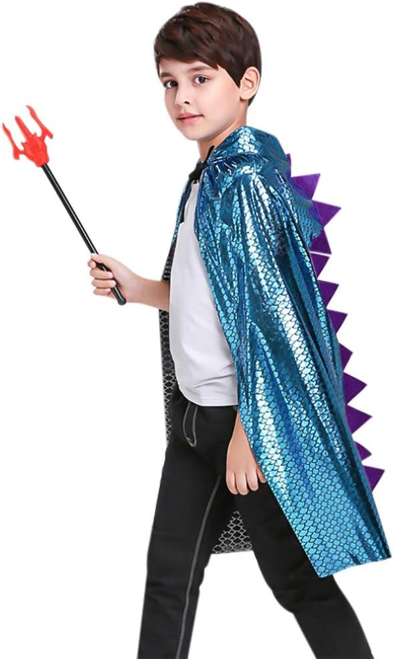 Kids Halloween Metallic Spike Cape Hooded Scale Cloak Dragon Dinosaur Medieval Accessory for Dress up Pretend Play Fantasy Robe,Birthday,Cosplay Theme Party Costume Gold/Blue/Silver image number 5
