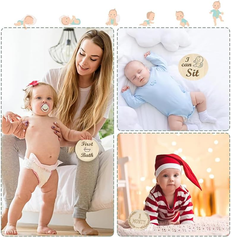 Baby Monthly Milestone Cards Sign, 13Pcs Wooden Monthly Milestone Cards Baby Announcement Cards Baby Monthly Milestone Discs, Baby Growth and Pregnancy Growth Cards,Wooden Baby Milestone Cards Discs image number 2
