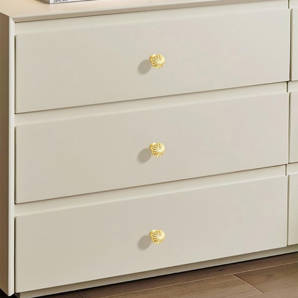 10 Pack Gold Cabinet Knobs 1.18" Brushed Gold Drawer Knobs Zinc Alloy Single Hole Pulls for Dresser 30Mm Flower Cupboard Handles for Kitchen Wardrobe Bathroom Hardware
