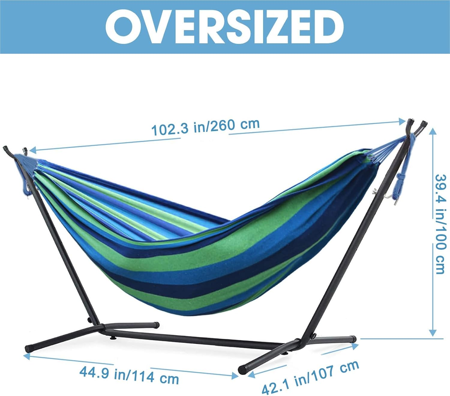 Adjustable Hammock Stand Portable Double Hammock with Space Saving Steel Stand 450 Lbs Capacity, 2 Person Heavy Duty Standing Hammock for Camping Beach Patio Garden Yard Outdoor & Carrying Bag, Blue