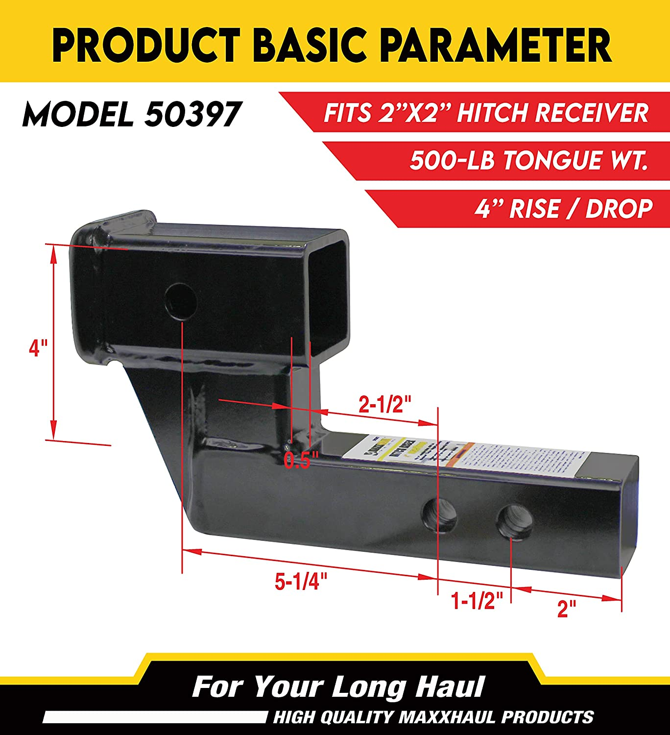 Maxxhaul 50397 Trailer Hitch Riser for 2 Inch Receivers with 4 Inch Rise/Drop image number 6