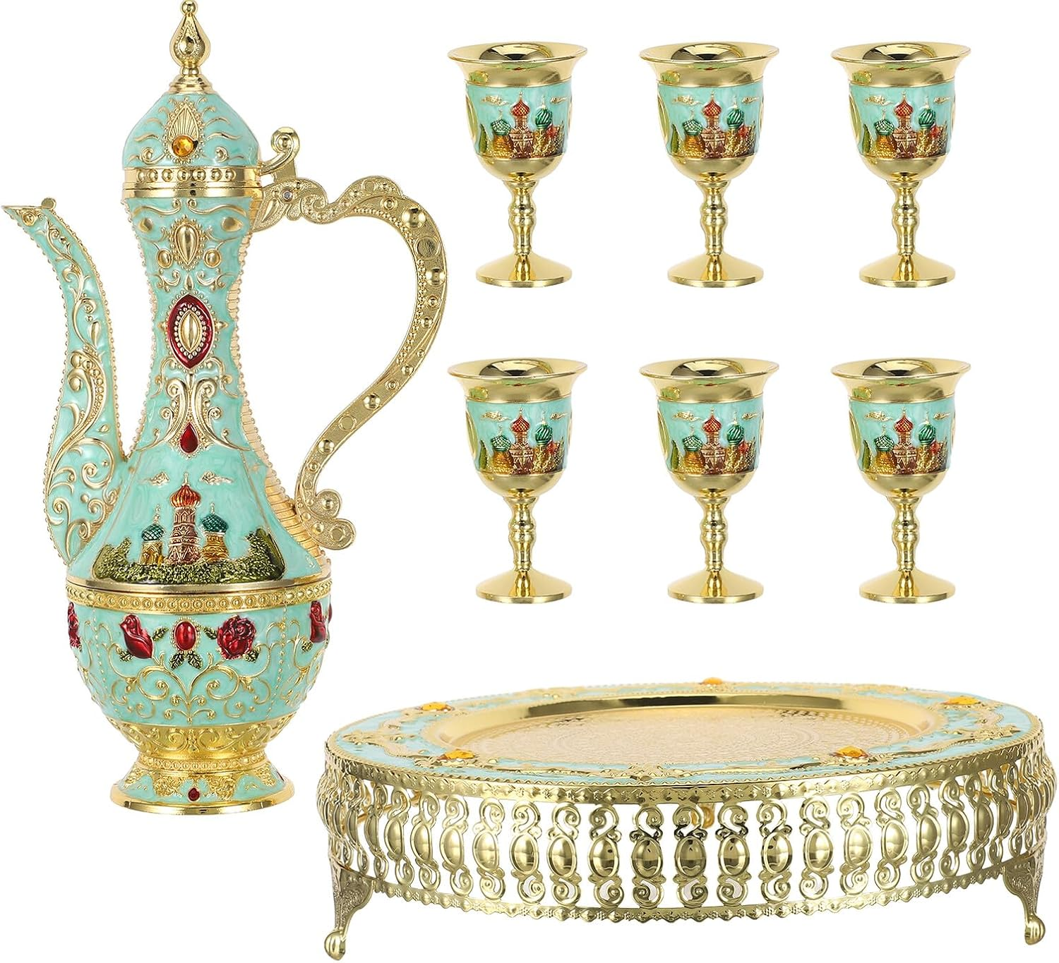 KICHOUSE Vintage Turkish Coffee Pot Set Embossed Castle Pattern, Metal Tea Cups and Wine Goblets, Coffee Decanter and Serving Tray for Home Gatherings and Party Use image number 3