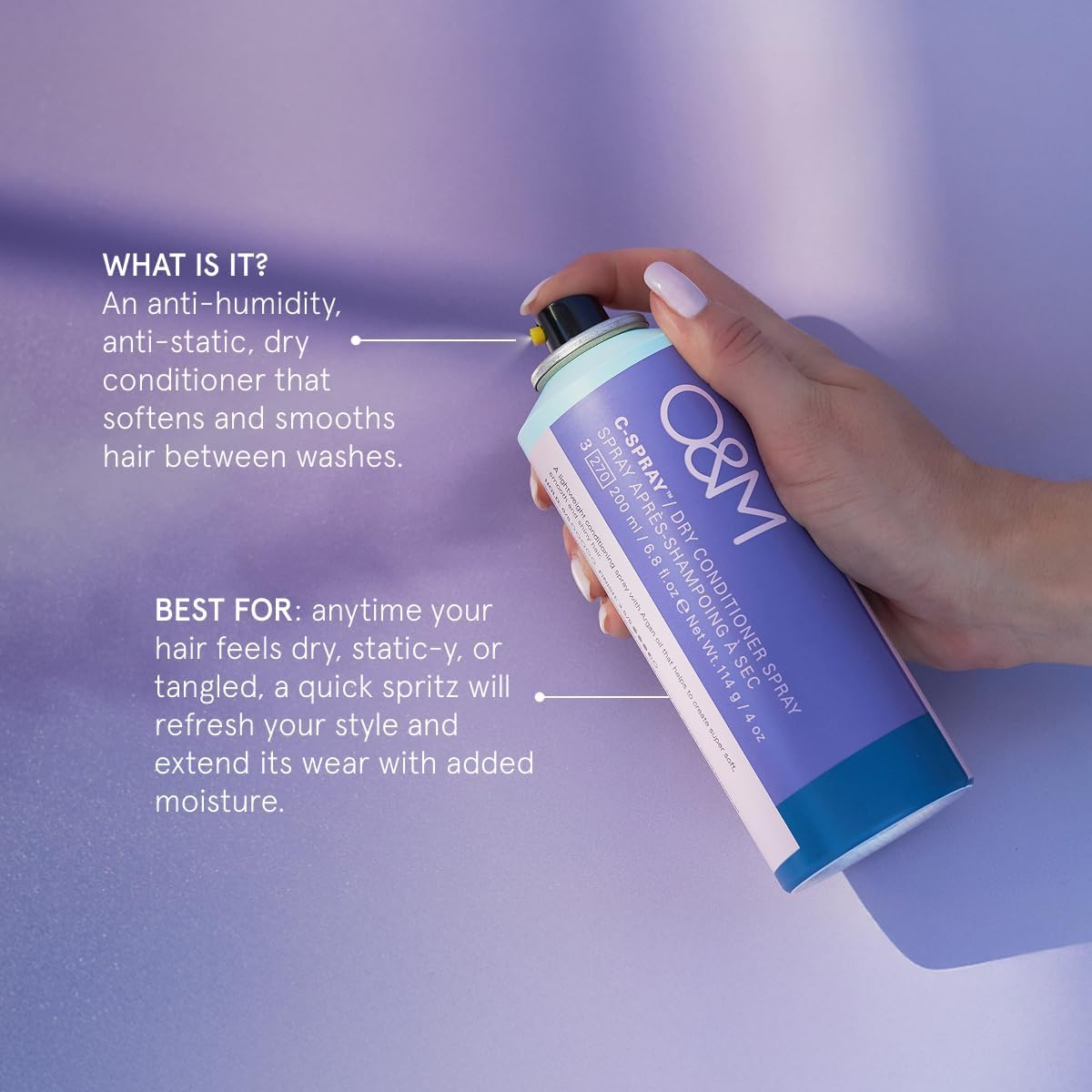 O&M C Spray Dry Conditioner Spray- 200Ml- anti Humidity,. Anti-Static, Softens and Smooths Hair between Washes. Clean from Sulfates, Parabens, Silicones, Phthalates & Gluten, PETA Certified & Vegan