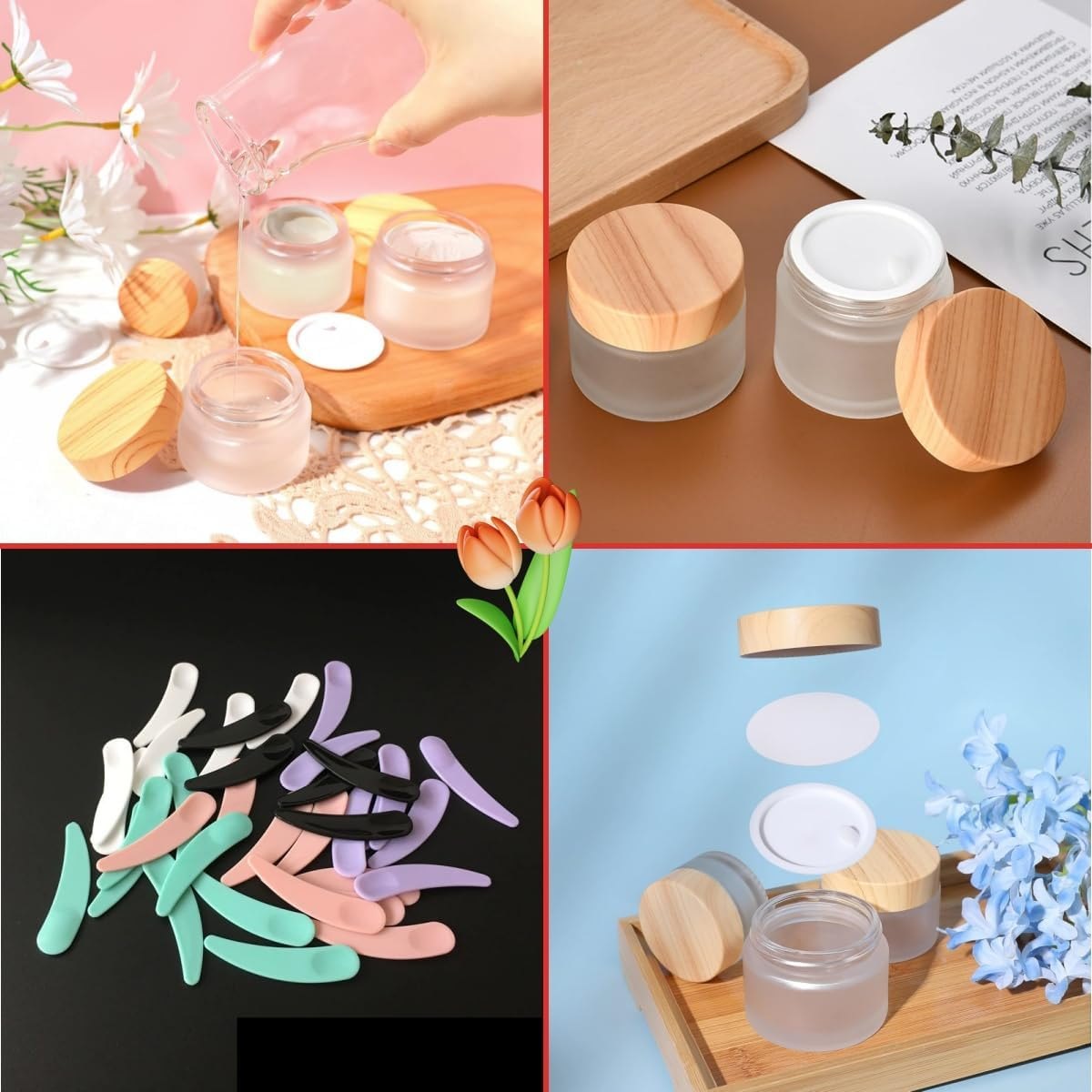 9PCS Glass Bottles, Glass Cosmetic Container with Lid, Refillable Matte Cosmetic Cream Jar round Small Wood Grain Lid, for Makeup, Lip Scrub, Body Lotion, Eye Cream Sample Diy(10G/Ml) image number 4