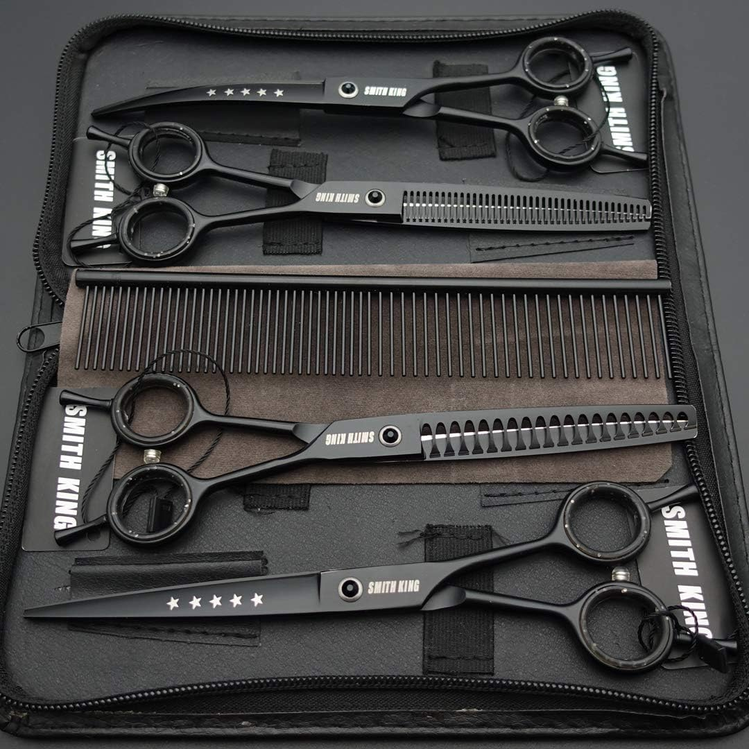 7.0 Inches Professional Dog Grooming Scissors Set Straight & Thinning & Curved & Chunkers & Comb 5Pcs in 1 Set for Left-Handed & Right Handed Black - Purple image number 5
