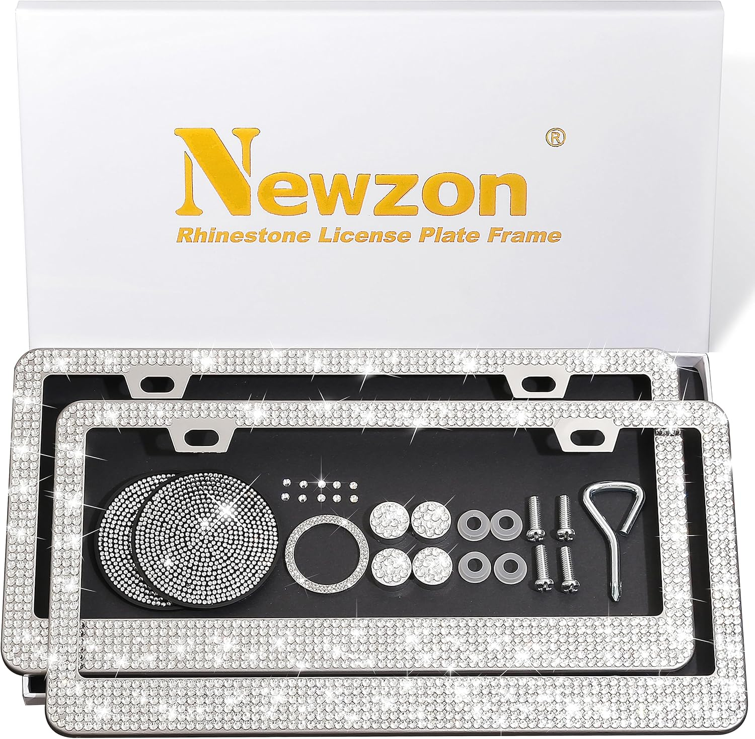Newzon AB Bedazzled Crystal Car License Plate Cover 2 Pieces, Color Bling License Plate Frames with High End Ribbon Gift Box, Diamond Car Accessories with Coaster, Rhinestone Ignition Ring for Women