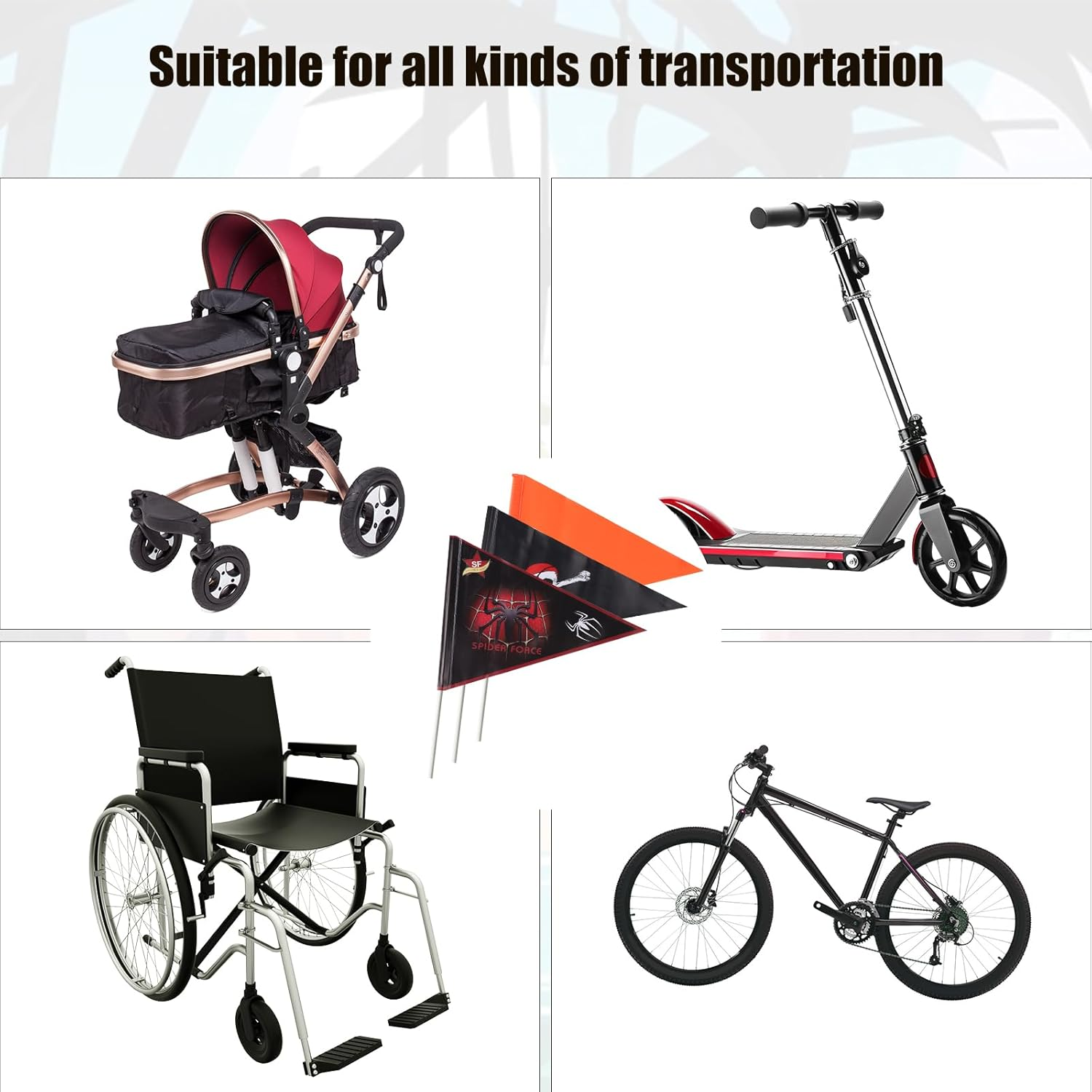 XIHIRCD 3Pcs Bike Flag, Adjustable Bicycle Safety Flag with Pole Black Spider Jolly Roger Stroller Flag Waterproof Warning Flag for Tricycle Go Kart Wheelchair Kayak ATV