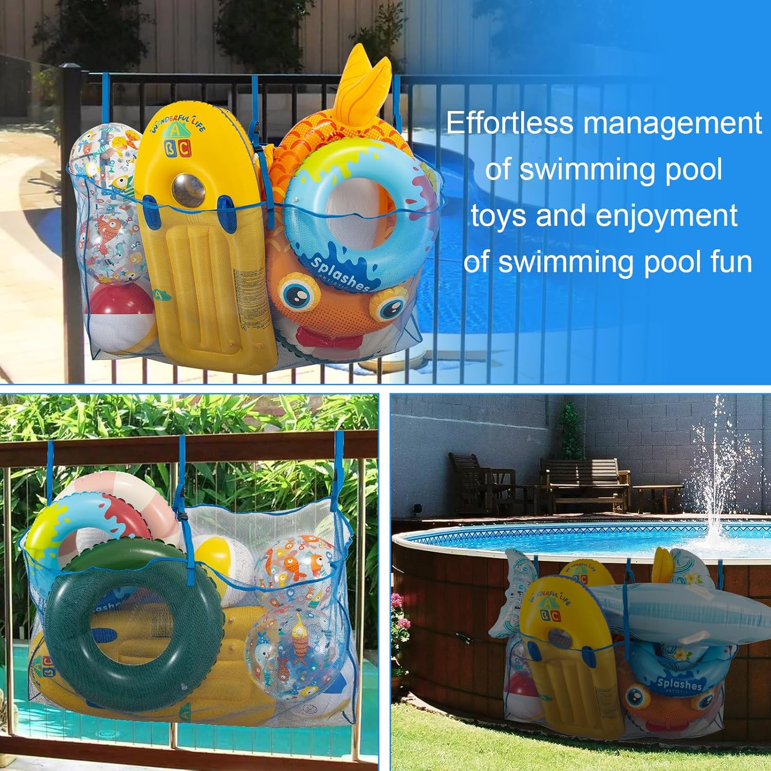 Pool Floats Storage Bag,Pool Float Toy Storage Mesh Bag,Water Tech Pool Pouch,Adjustable Swimming Pool Hanging Mesh Organizer Net Bag for Floats,Balls,Water Inflatable Toys image number 6