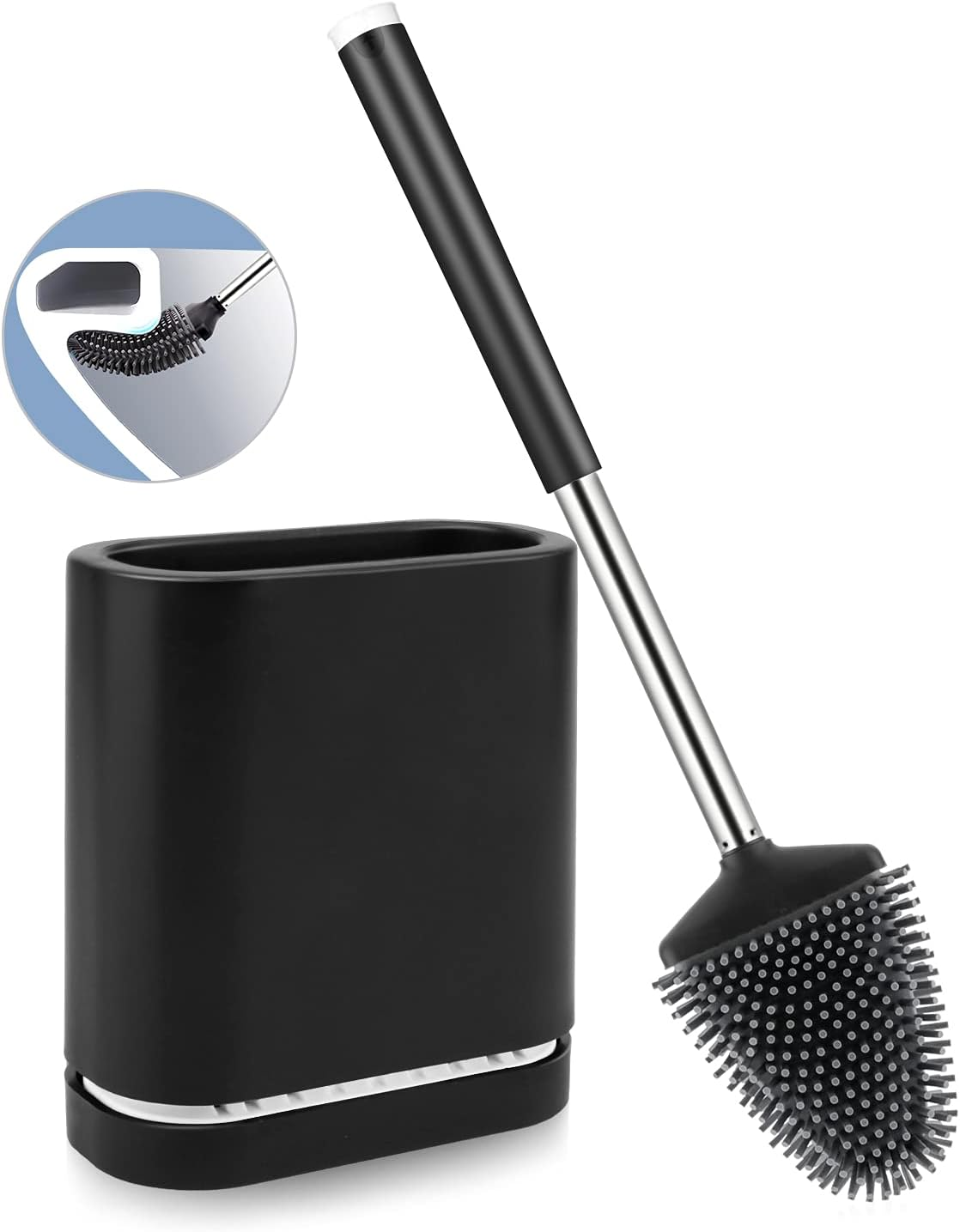 Boperzi Toilet Brush - Silicone Toilet Brush and Holder with Tweezer Wall Mounted, anti Rust Soft Bristles Toilet Bowl Cleaner Brush with Stainless Steel Handle for Bathroom Household Flat Black