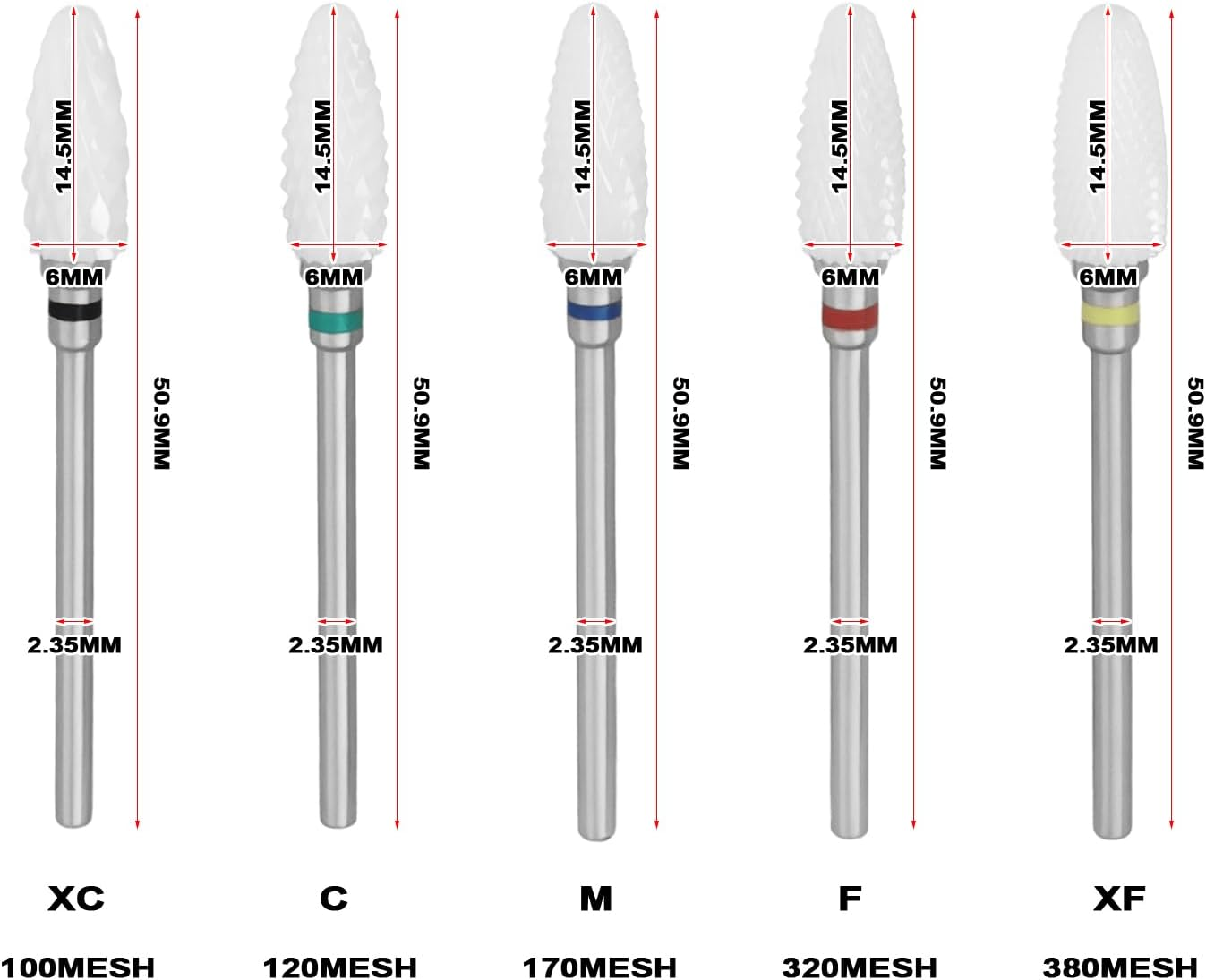 VGOL 5PCS Ceramic Drill Bit Length 50.9Mm Handle Diameter 3/32 Inch for Acrylic Nails and Electric Nail Files Drill Machine Yellow Red Blue Green Black image number 1