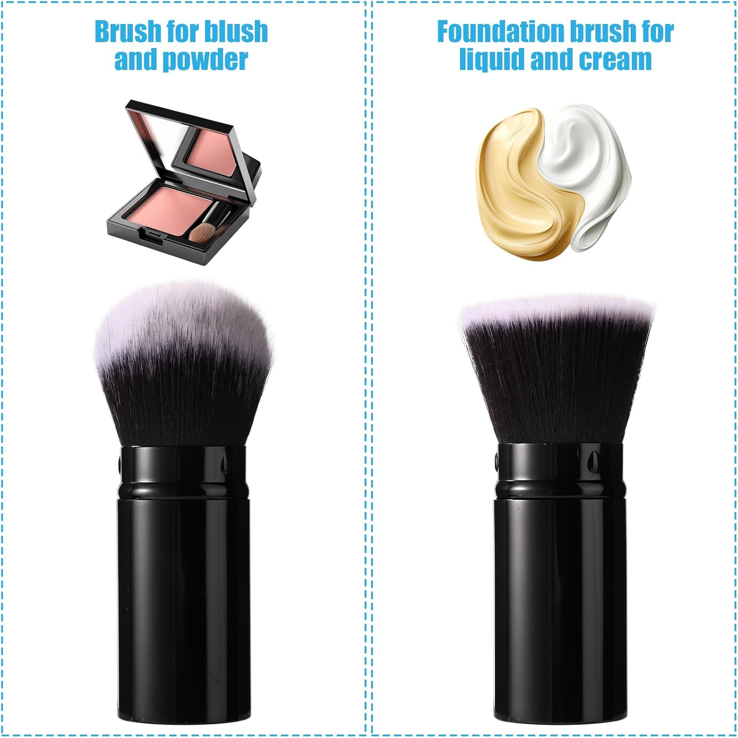 2Pcs Travel Face Blush Brush, Retractable Makeup Brush Portable Powder Foundation Sunscreen Brush Black and White Hair (Flat Head + round Head) image number 2