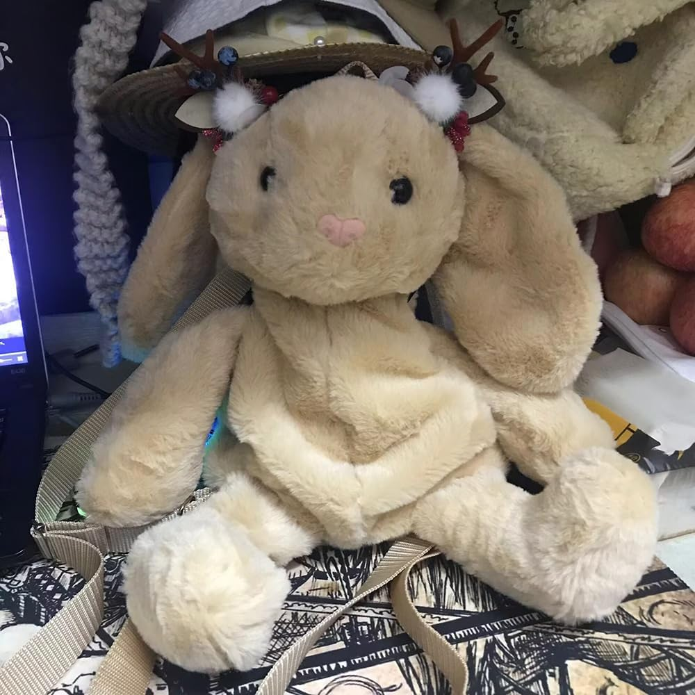 Mellsunny Cute Fuzz Plush Animal Backpack Rabbit Backpack Kawaii Bunny Backpack Fluffy Shoulder Bag Casual Daypack - Khaki image number 6