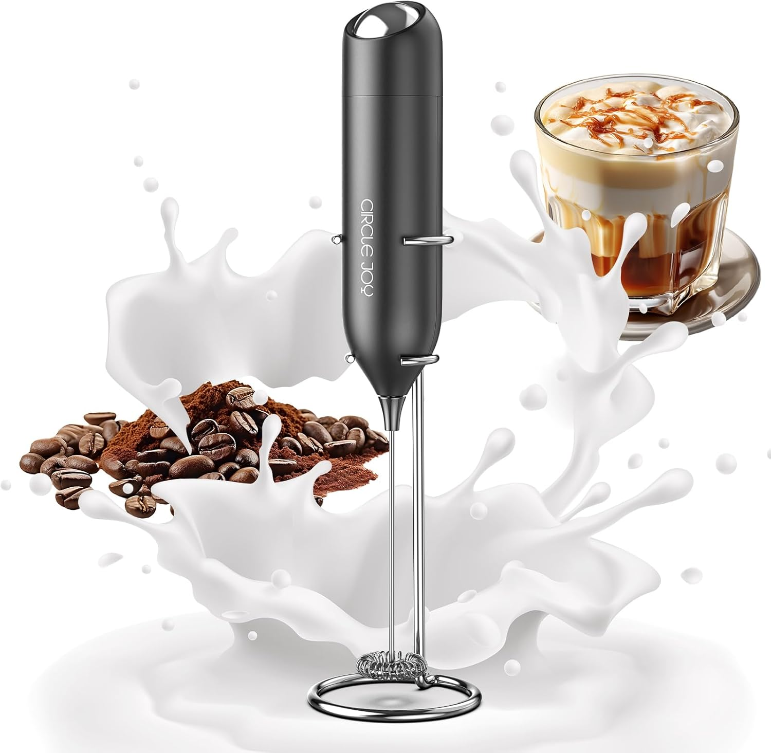 CIRCLE JOY Milk Frother Handheld with Stand Battery Operated Milk Foamer Electric Mini Drink Mixer for Coffee, Cappuccino, Lattes, Frappe, Matcha and Hot Chocolate, Black
