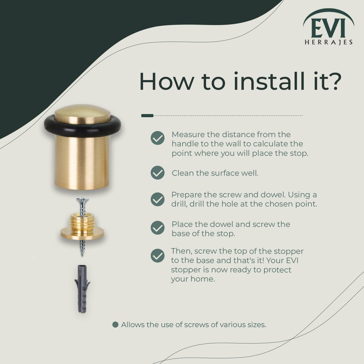 EVI | Pack of 2 Door Stops | 20X29.5Mm | Threaded Base | Black Natural Silicone Rubber | Satin Matte Finished Brass | Includes Tools | Model I-108 - Leather image number 4