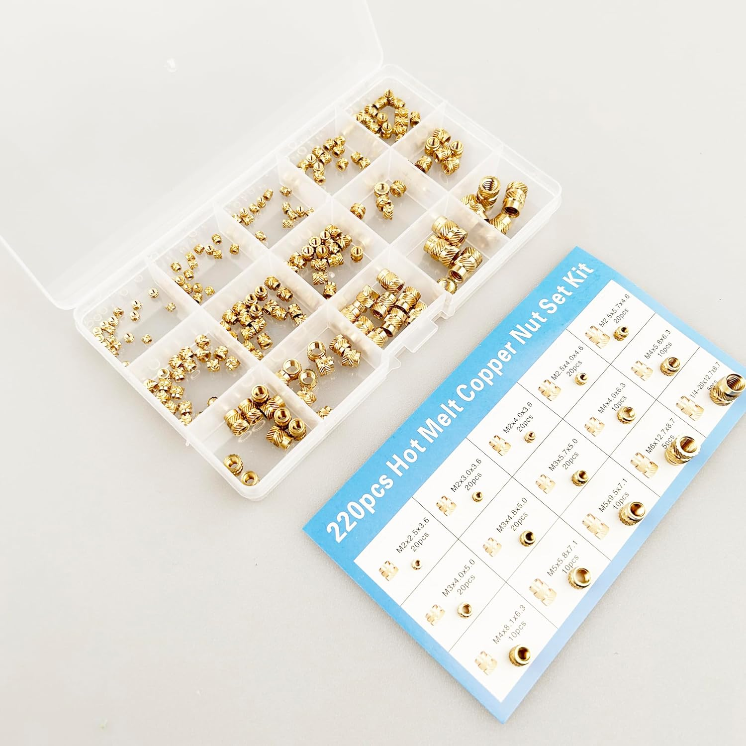 220Pcs Threaded Brass Inserts,M2,M2.5,M3,M4,M5,M6 and 1/4"-20 Heat Set Inserts and Brass Metric Knurled Nuts Assortment Kit for Plastic and 3D Printing Components image number 6
