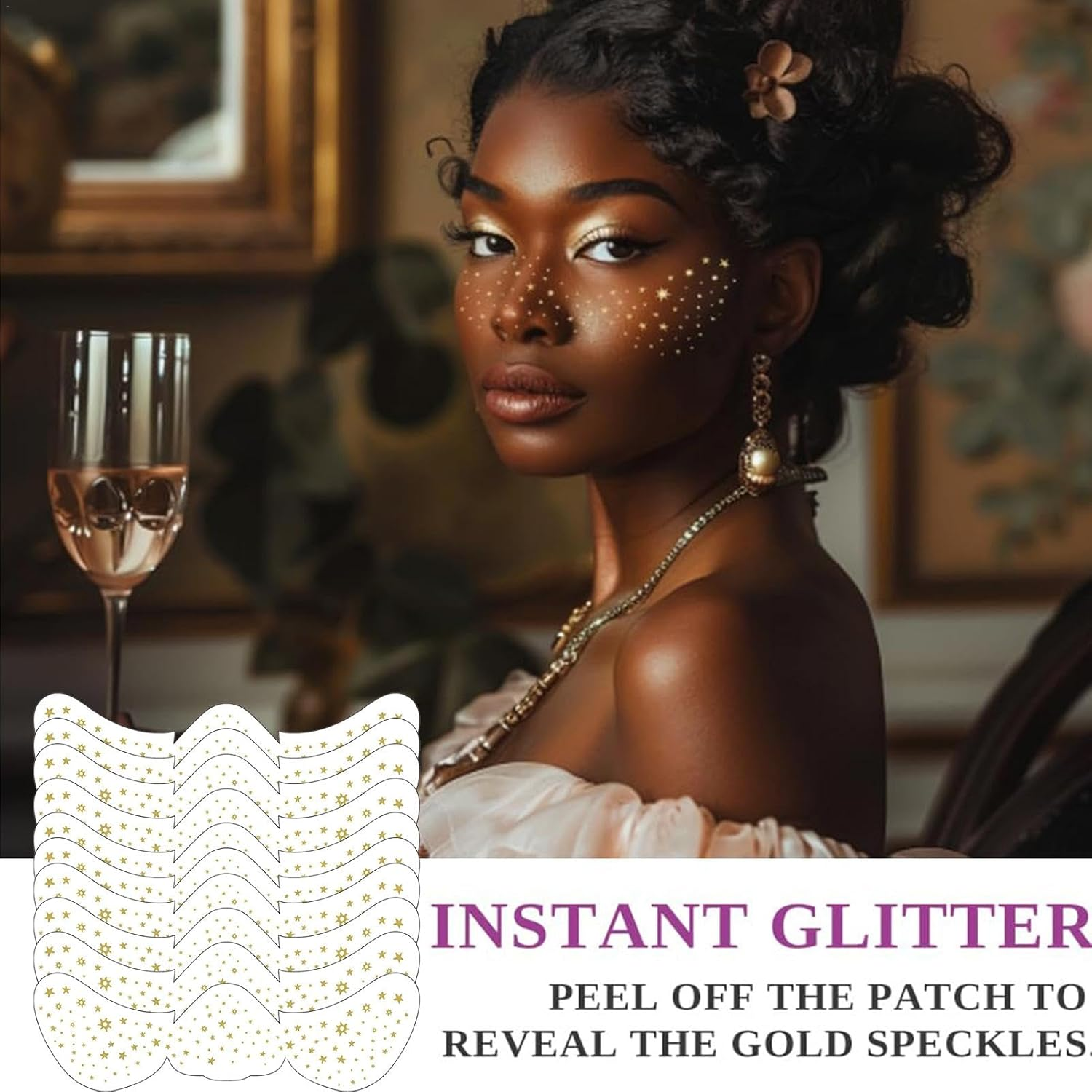 Gold Glitter Freckles Face Tatto | Stardust Speckle Makeup Patches | 10Pcs Temporary Fake Spots Makeup Sticker | Temporary Fake Freckles | Dancer Costume Accessory image number 5