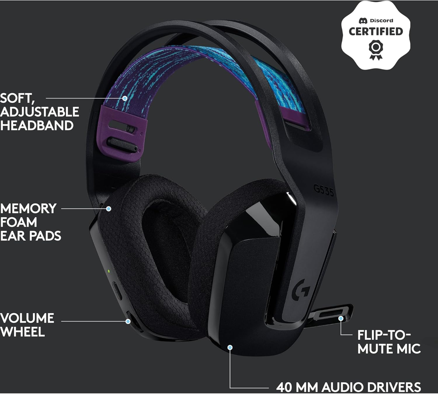 Logitech G G535 Lightspeed Wireless Gaming Headset - Lightweight On-Ear Headphones, Flip to Mute Mic, Stereo, Compatible with PC, PS4, PS5, USB Rechargeable - Black image number 5