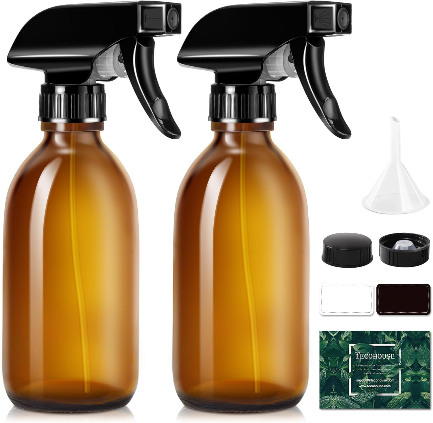 Tecohouse Glass Spray Bottle 250Ml for Cleaning Product and Esssential Oil, Amber Empty Refillable Sprayer Container with Labels, Funnel, Lids, Graduated Pipettes - Handheld Size image number 2