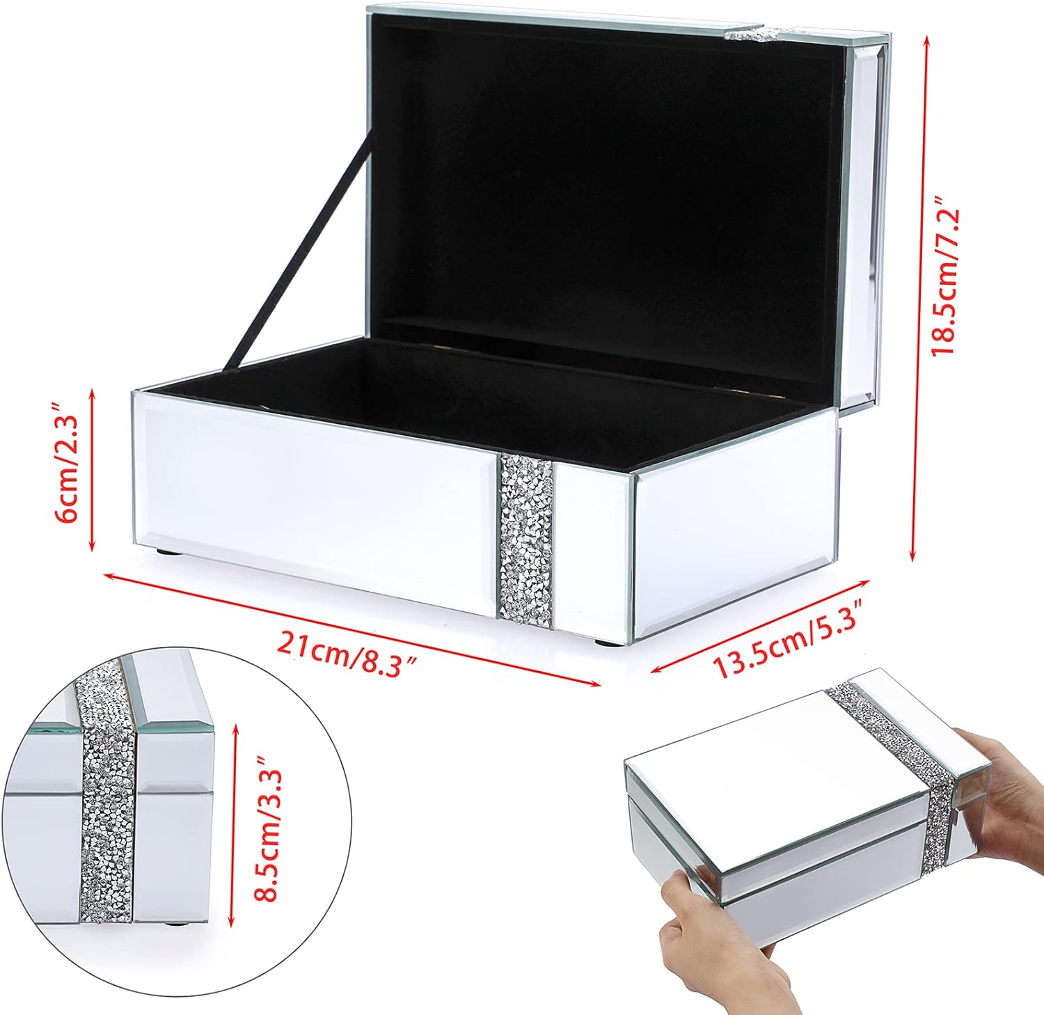 ELLDOO Glass Mirrored Jewelry Box with Crushed Diamonds Strip Decor, Luxury Trinket Box Organizer Decorative Box Treasure Chest Keepsake Box for Women Girls Gift image number 2