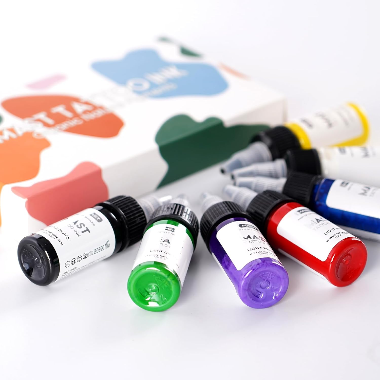 Mast Tattoo Inks 1/2Oz Kit 7 Bottles Mixed Color Triple Black High White Supply image number 4