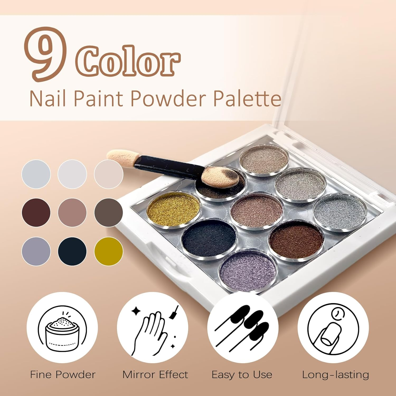 MKNZOME 9 Colors Chrome Nail Powder Palette, Black Gold Brown Silver Metallic Mirror Holographic Powder for Nails, Fine Glitter Nail Art Decoration for Home DIY Salon Manicure Pigment, D image number 4
