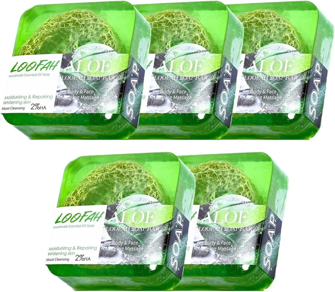AIMALL 5PCS Loofah Soap Bars with Lavender Essential Oil &ndash; Exfoliating Handmade Glycerin Face & Body Cleansing Bars for Acne, Oil Control & Smooth Skin, 6.5X6.5X2Cm Each