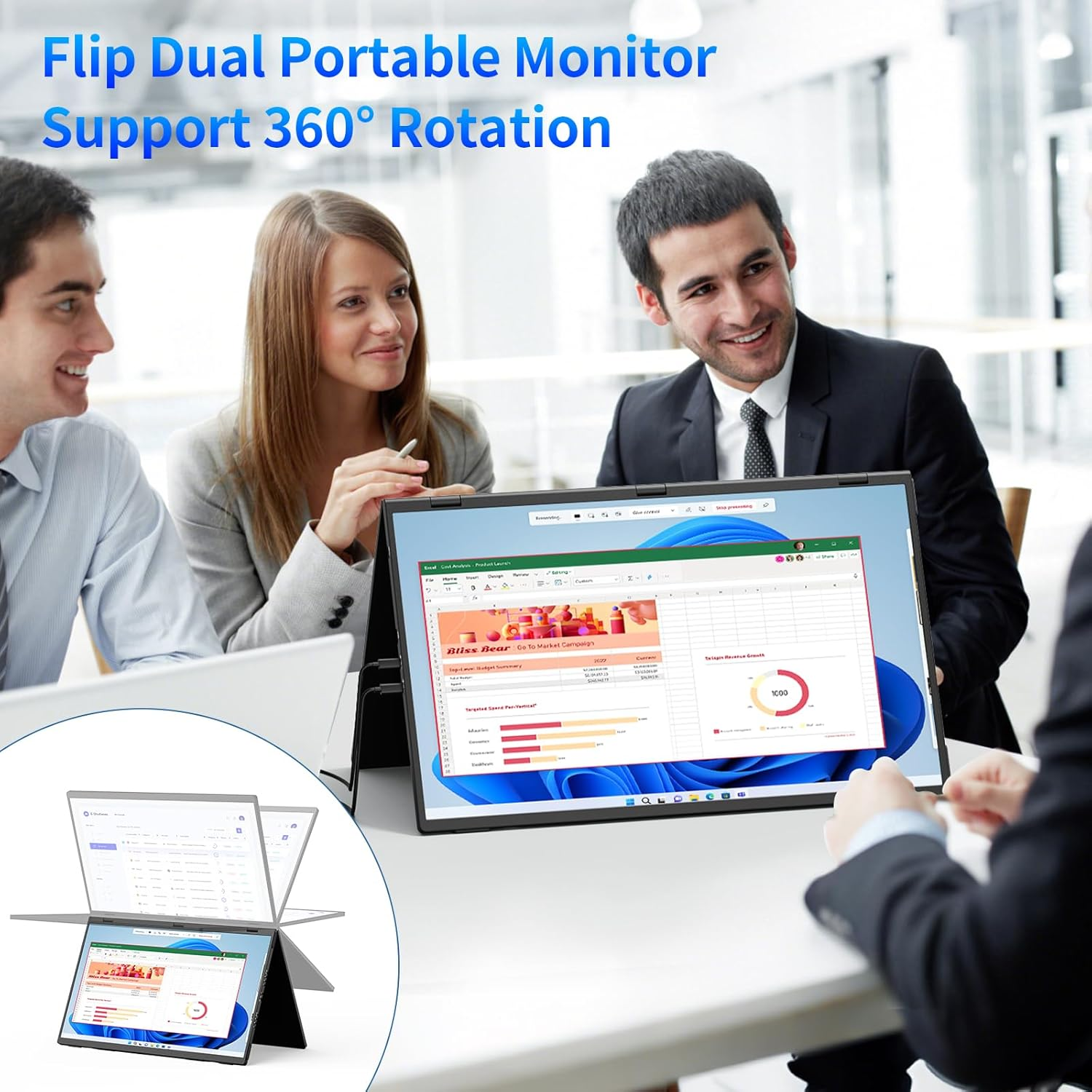 MAGICRAVEN Laptop Screen Extender, 18.5" Dual Monitors Stacked Folding Triple Monitor (Wins/Mac) 1080P 100Hz USB C Travel Extended Computer Display Triple Portable Monitor for Laptop PC Windows Mac image number 4