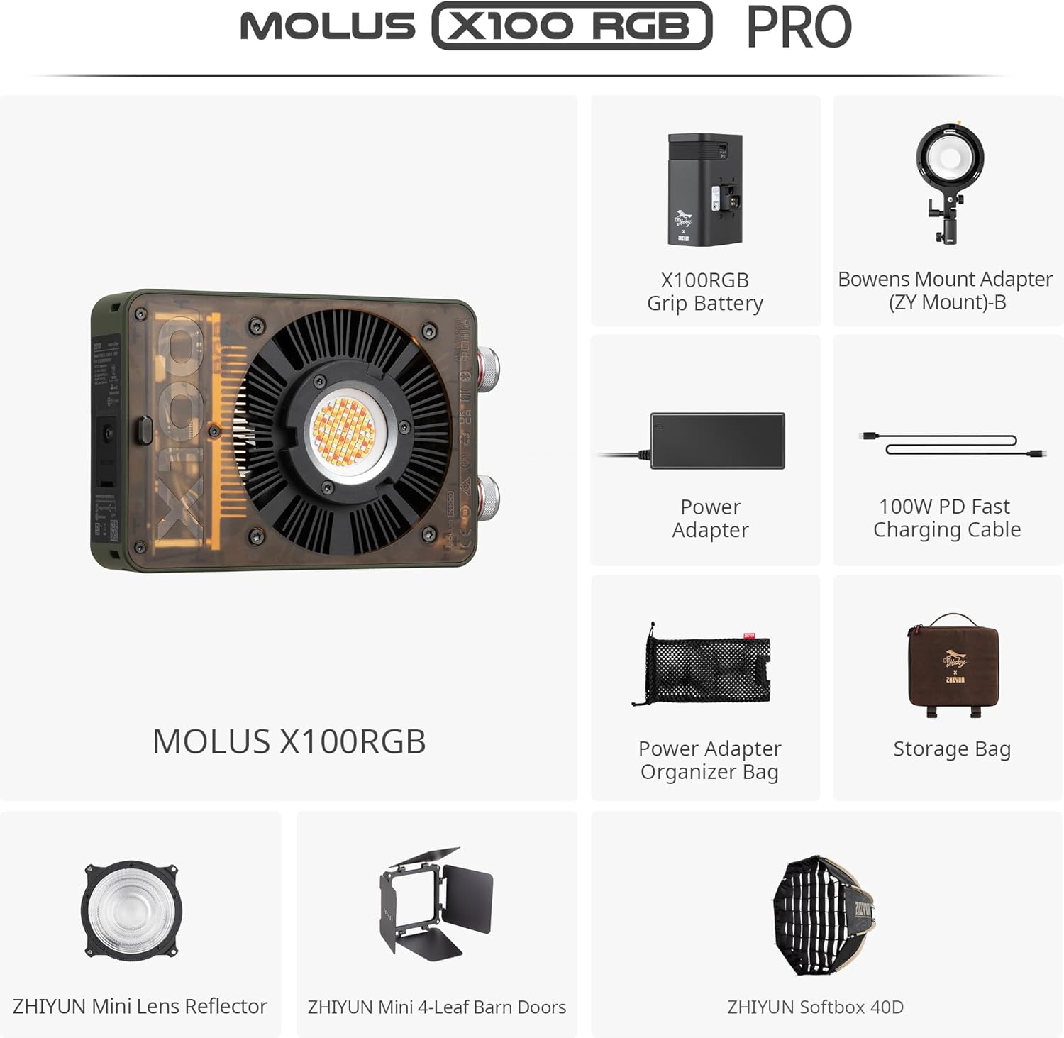ZHIYUN MOLUS X100 RGB PRO 100W Video Light [Official] V2 Upgraded Version Professional Photography Lighting Portable Continuous Output Lighting 2500K~10000K CRI&ge;95 TLCI&ge;97 Only 384G for Youtuber TT image number 2