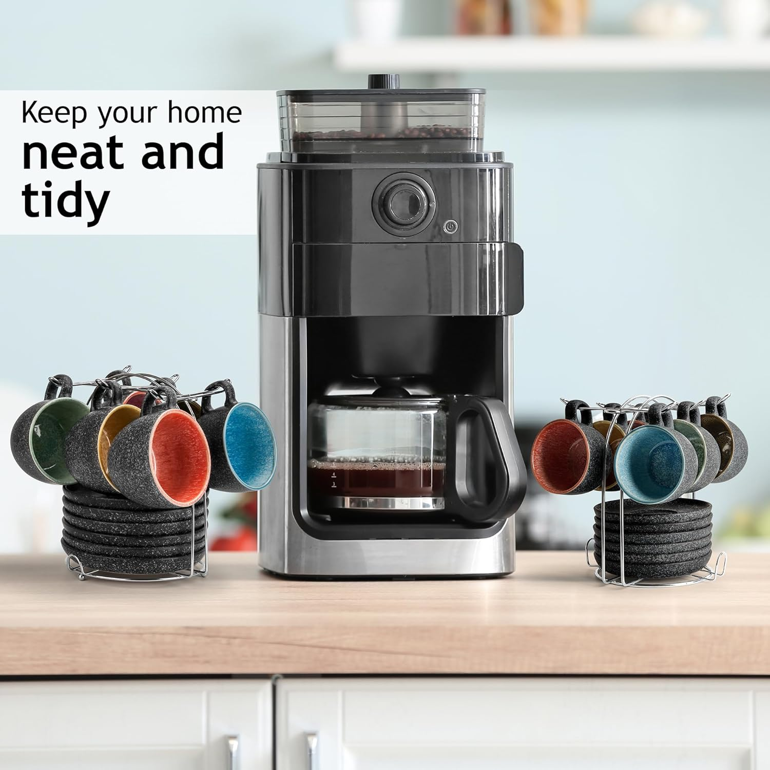 MIAMIO &ndash; 190 Ml Ceramic Stackable Cappuccino Cup with Saucers and Metal Stand &ndash; Set of 6 Stoneware Cappuccino Mug Set for Specialty Coffee Drinks, Americano, Latte &ndash; Las Palmitas Collection image number 2