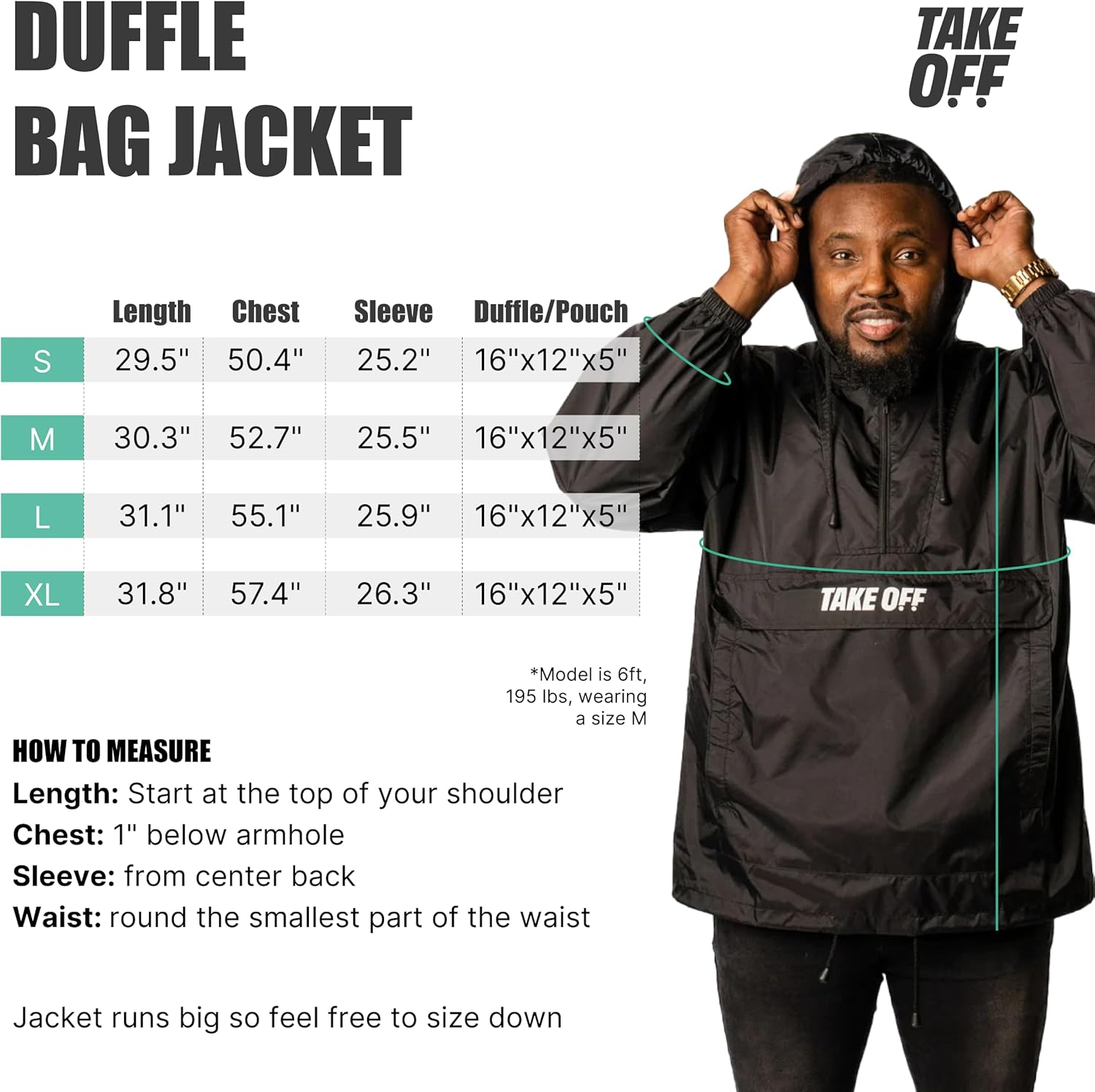 TAKE off Duffle Bag Jacket - Packable, Lightweight Travel Convertible Rain Coat for Travel, Black, Large, Duffle image number 2