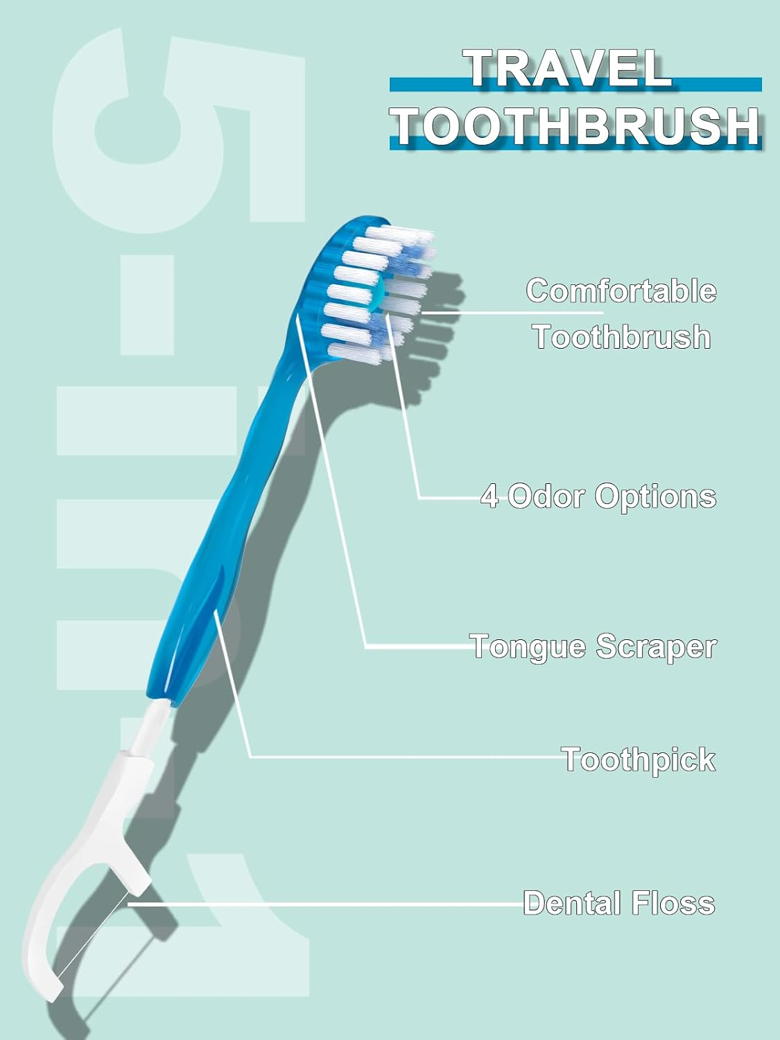 Disposable Mini Travel Toothbrushes, 5-In-1 Pre-Pasted Mini-Brush+Floss+Pick+Tongue Scraper, Prepasted on the Go Toothbrush for Travel, Portable Toothbrush with Freshening Bead, Coolmint, 20 Count image number 1