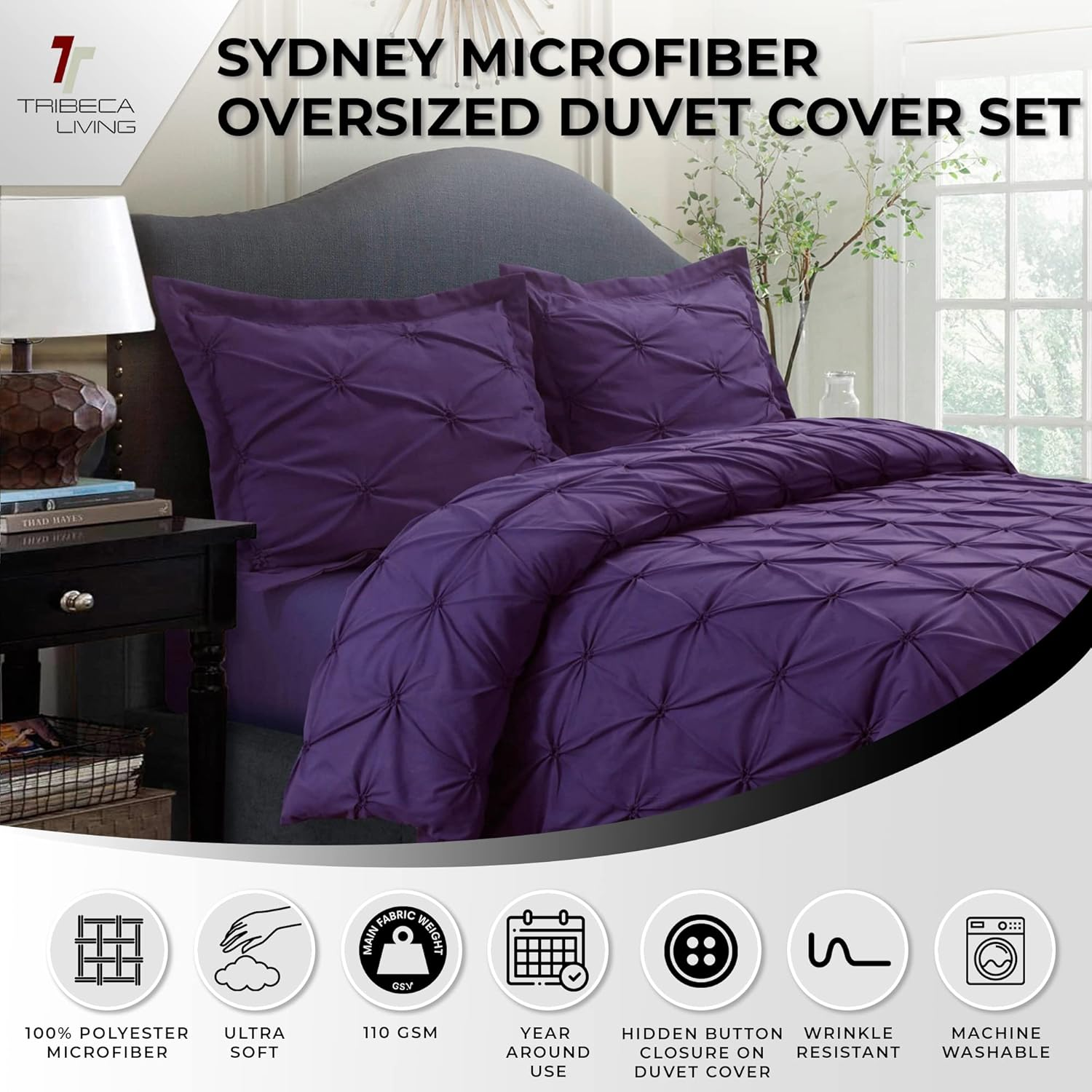 Tribeca Living SYD110DSKIPU Sydney 110-GSM Microfiber Duvet Cover Set, Purple, King image number 3