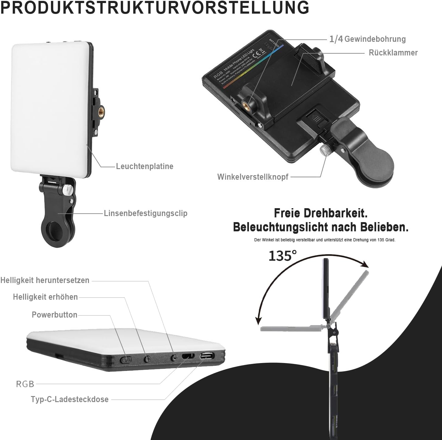 Voarge 60 LED Video Light, Selfie Light, 3000-7000 K, 3 Light Modes and Brightness, Rechargeable 2200 Mah, for Phone, Webcam, Laptop, Photo Make-Up