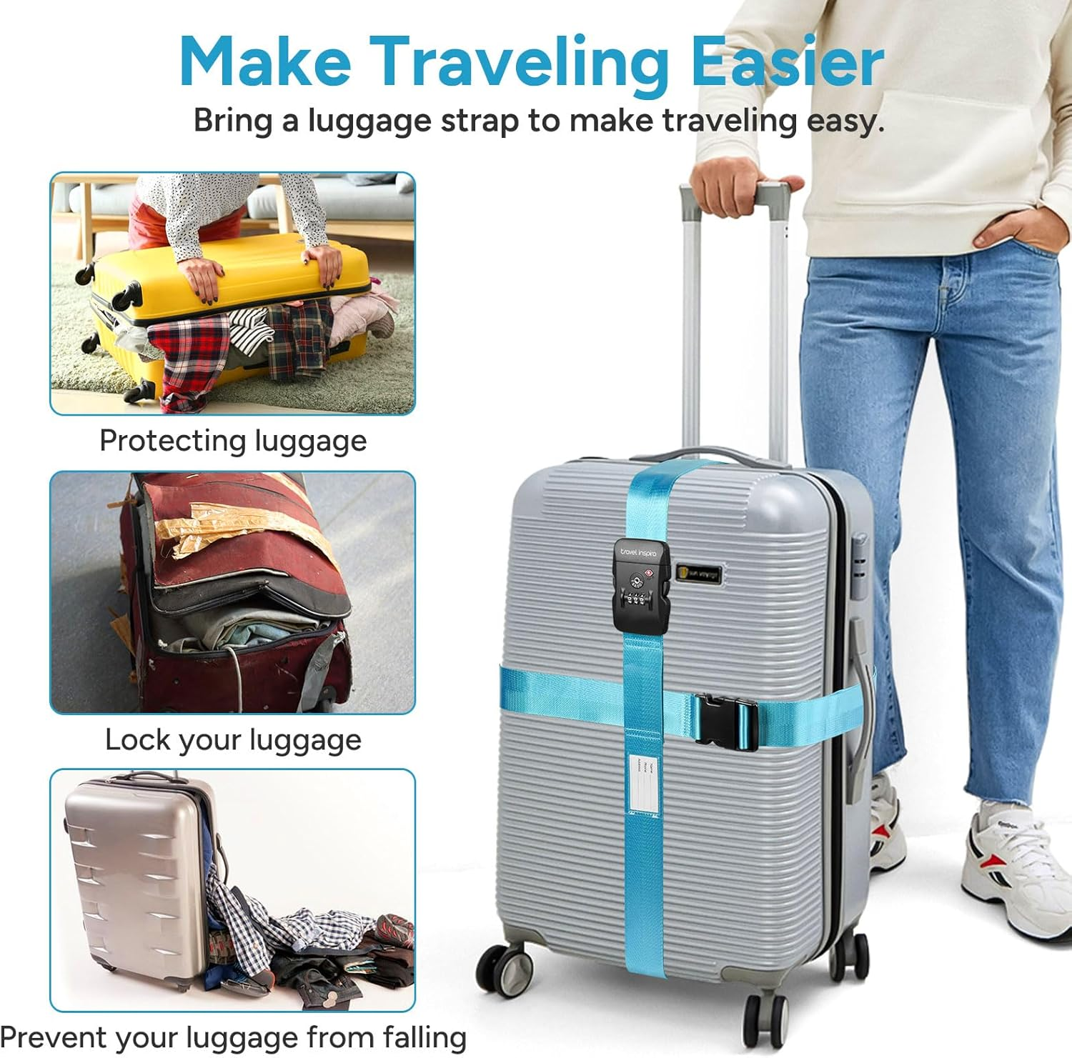 Travel Inspira Travel Belt for Luggage, TSA Approved Luggage Straps, 3-Dial Combination Locks Adjustable Suitcase Belt, Quick-Release Buckle image number 2