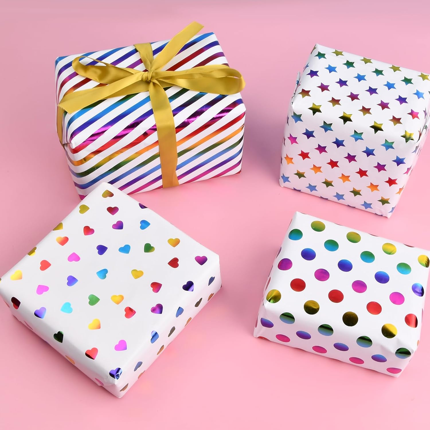 4 Sheets of Colourful Gift Wrapping Paper 27 * 19In Colourful Gift Packaging Set, Gift Wrapping Paper Mini Roll with Iridescent Stripes Printed Paper, Diy Wrapping Paper for Birthday Wedding Holiday image number 6