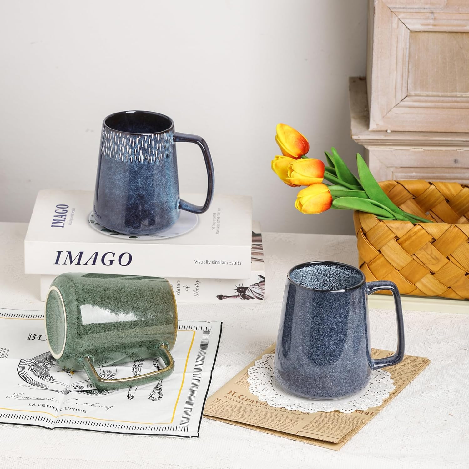 Large Ceramics Coffee Mugs,24 Oz,With Spoon and Wooden Lid,For Coffee,Tea,Cocoa,Large Handle Design,Microwave and Dishwasher Safe (24 Oz Green Set) - 24 Oz Blue Set image number 5