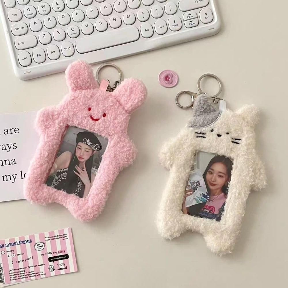 Juroicessry 1Pc White Photocard Holder,Cartoon Plush Photocard Holder Outdoor Girl Korean Style ID Card Cover Protective Case Card Sleeve Student Rabbit Identification Badges Supplies