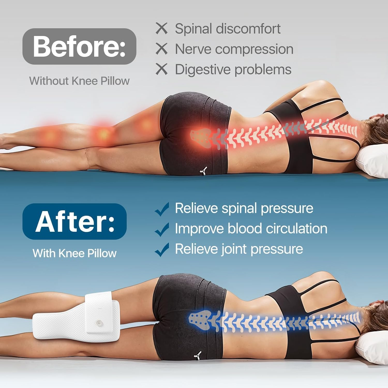 Knee Pillow for Side Sleepers, Large Comfortable Memory Foam Leg Pillow for Side Sleeping, Adjustable Strap, Pillow between Legs Aligns Spine, Relief for Sciatica, Back, HIPS, Knees, Joints (White) - Grey image number 4