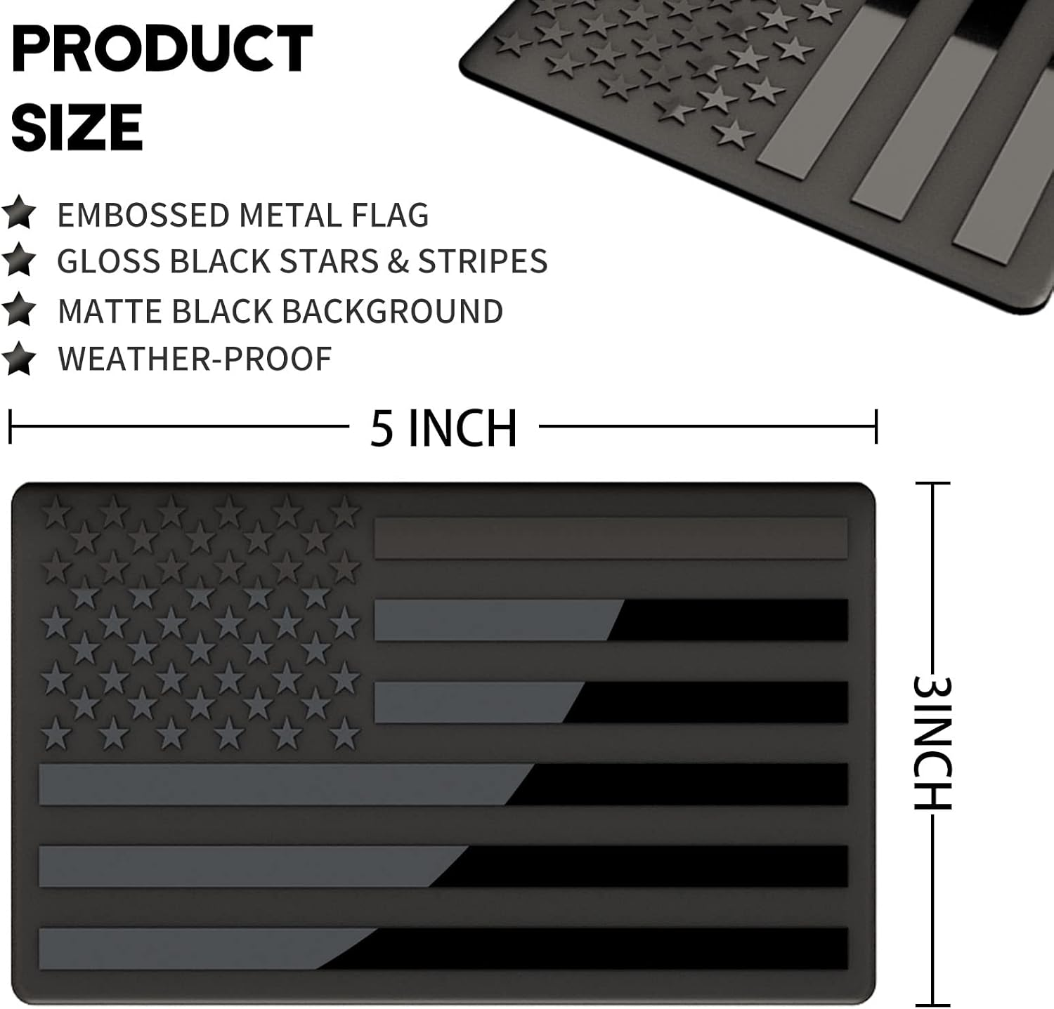 Embossed 3D Metal All Black American Flag Emblem Decal Stickers (1 Pair), Matte Black 5" X 3" Patriotic USA US Flag Car Decals Bumper Stickers for Truck, Window, Motorcycle, Support US Military - 3 Pack image number 2