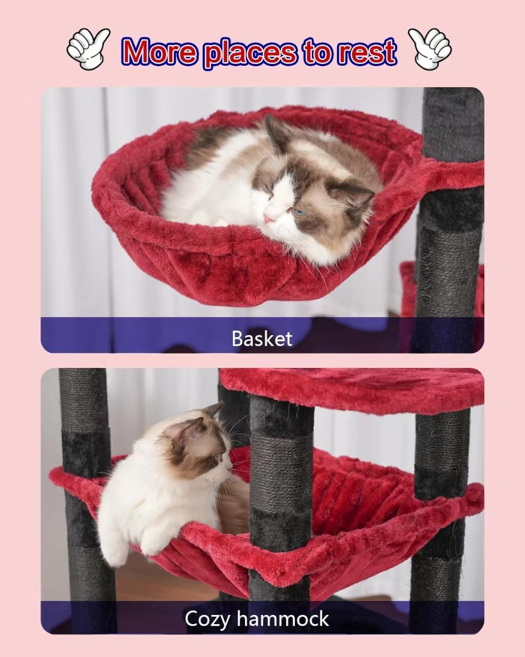 Cat Tree for Indoor Cats Large Adult, 188Cm Cat Tower for with 3 Big Platforms, 2 Baskets, 2 Condos, Multi-Level Cat Scratching Posts, Black and Red GCT030BR image number 2